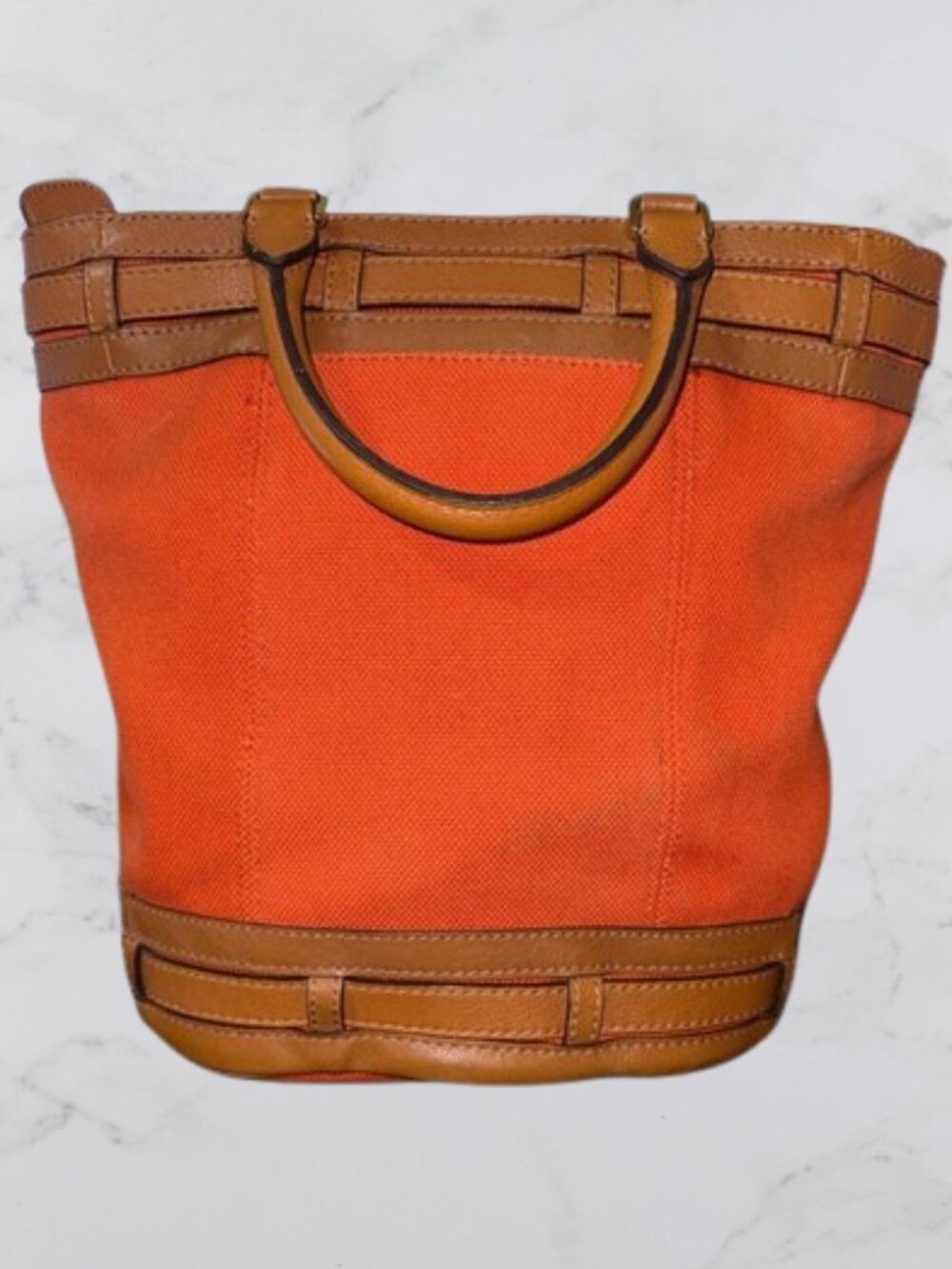 Michael Kors Kingsbury Orange Canvas Bucket Bag Cognac Leather Crossbody - Picture 3 of 13